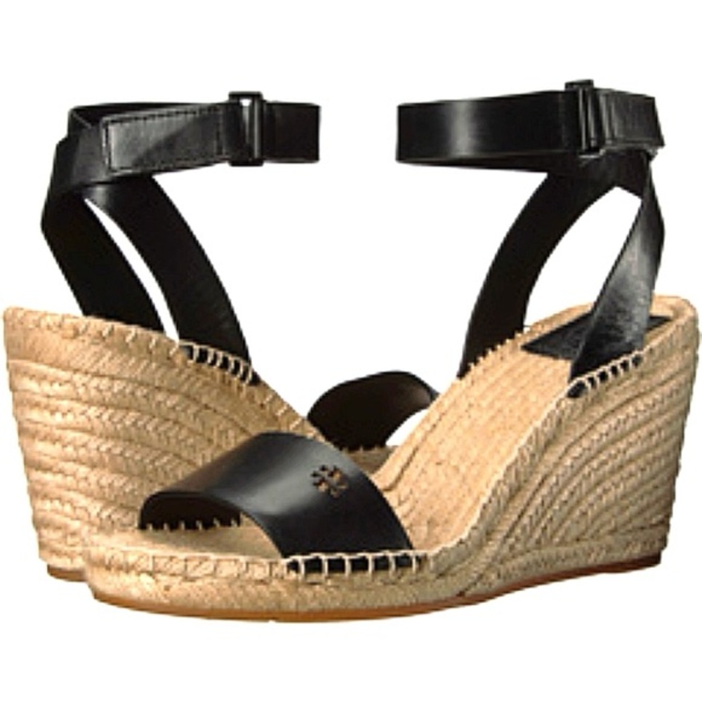 Tory Burch Black Leather Espadrille Wedge Sandals with Ankle Strap